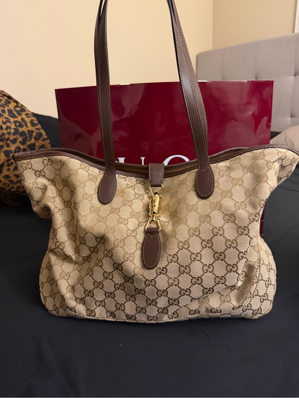 Gucci Beige GG Supreme Canvas Tote with Brown Leather Handles